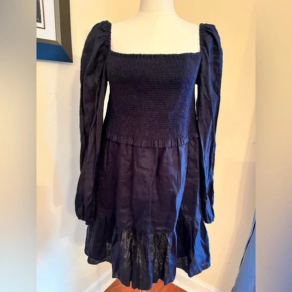 Quince Navy 100% European Linen Smocked Dress - Picture 3 of 7